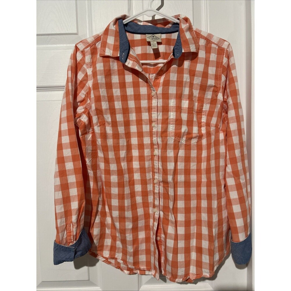 St. John's Bay Women's Orange And White Gingham Blue Collar And Cuffs Sz Large